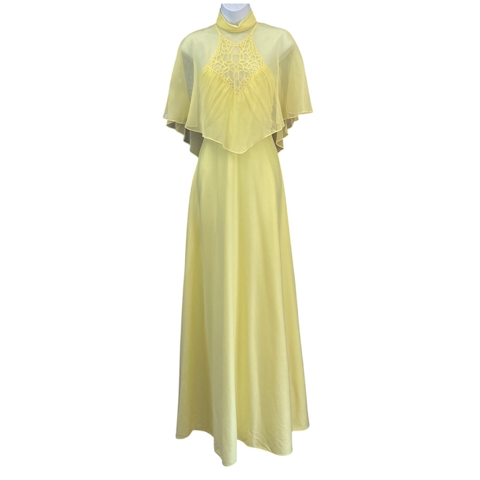 Vintage 70s Yellow Maxi Dress Boho Ethereal Capelet Crochet Halter Garden Party